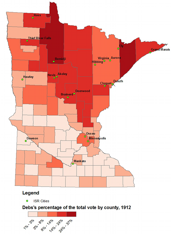 A choropleth map showing Minnesota counties based on percentage of votes Debs got.