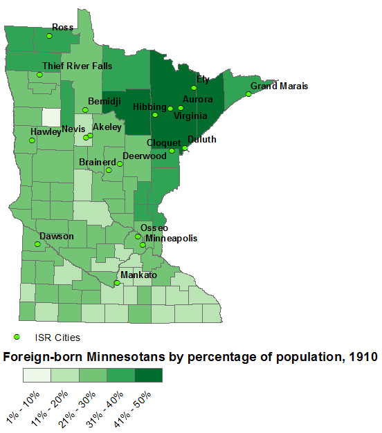 A choropleth map using shading to illustrate counties with the most foreign-born residents.