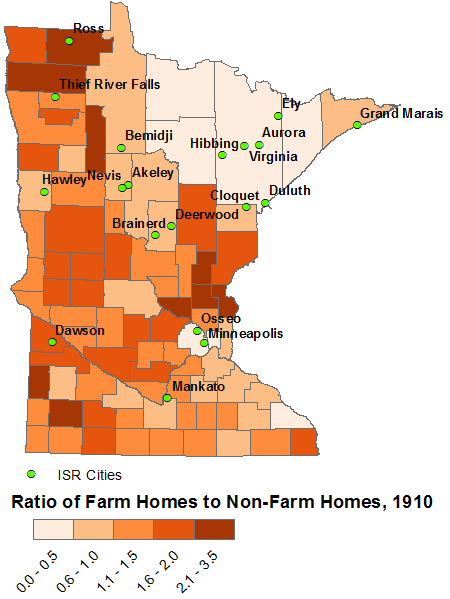 A choropleth map showing ratio of farm-homes to non-farm homes.