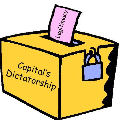 Illustration of a ballot box and ballot. The ballot reads legitimacy and the box reads Capital's Dictatorship.